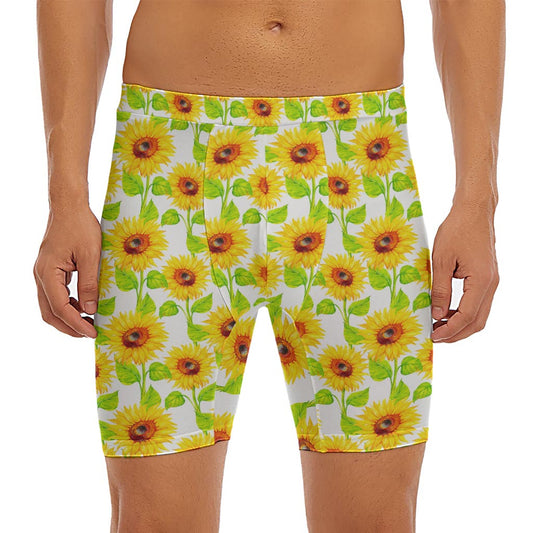 White Watercolor Sunflower Pattern Print Men's Long Boxer Briefs