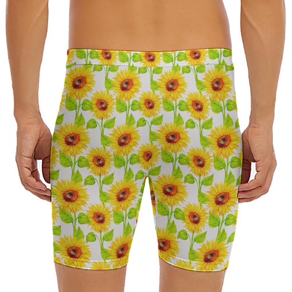 White Watercolor Sunflower Pattern Print Men's Long Boxer Briefs