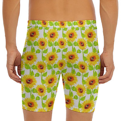 White Watercolor Sunflower Pattern Print Men's Long Boxer Briefs