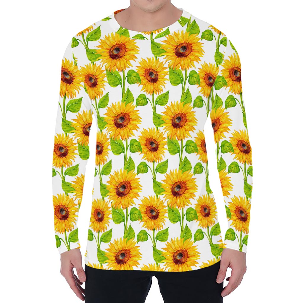 White Watercolor Sunflower Pattern Print Men's Long Sleeve T-Shirt