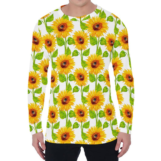 White Watercolor Sunflower Pattern Print Men's Long Sleeve T-Shirt