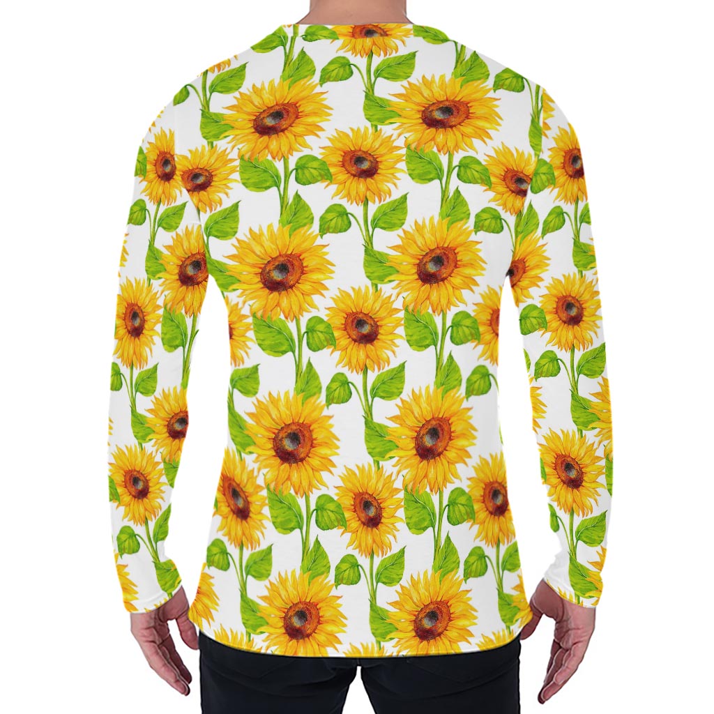 White Watercolor Sunflower Pattern Print Men's Long Sleeve T-Shirt