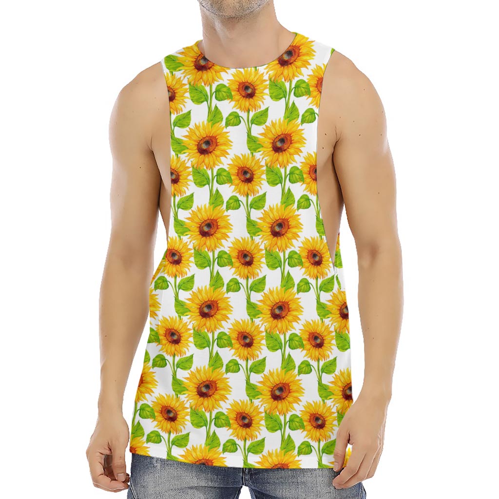 White Watercolor Sunflower Pattern Print Men's Muscle Tank Top