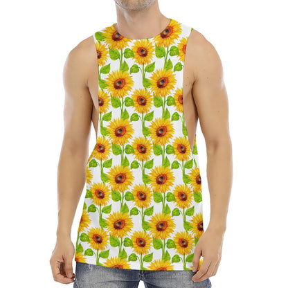 White Watercolor Sunflower Pattern Print Men's Muscle Tank Top