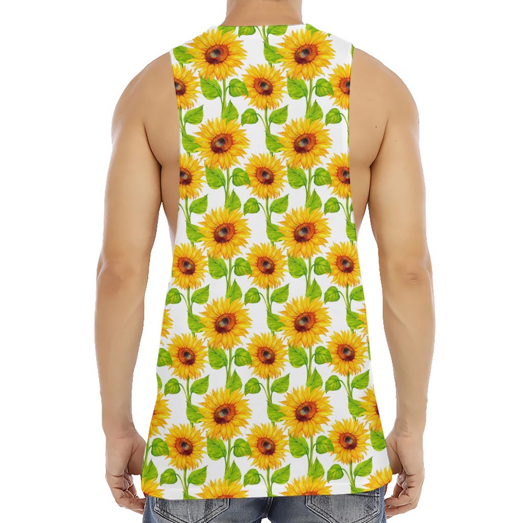 White Watercolor Sunflower Pattern Print Men's Muscle Tank Top