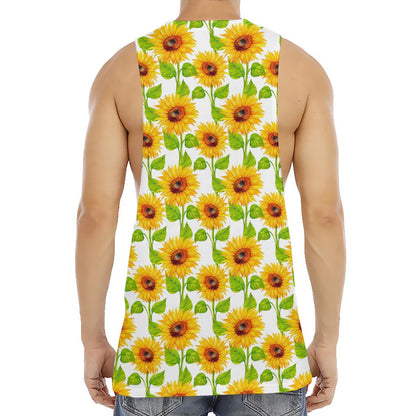 White Watercolor Sunflower Pattern Print Men's Muscle Tank Top