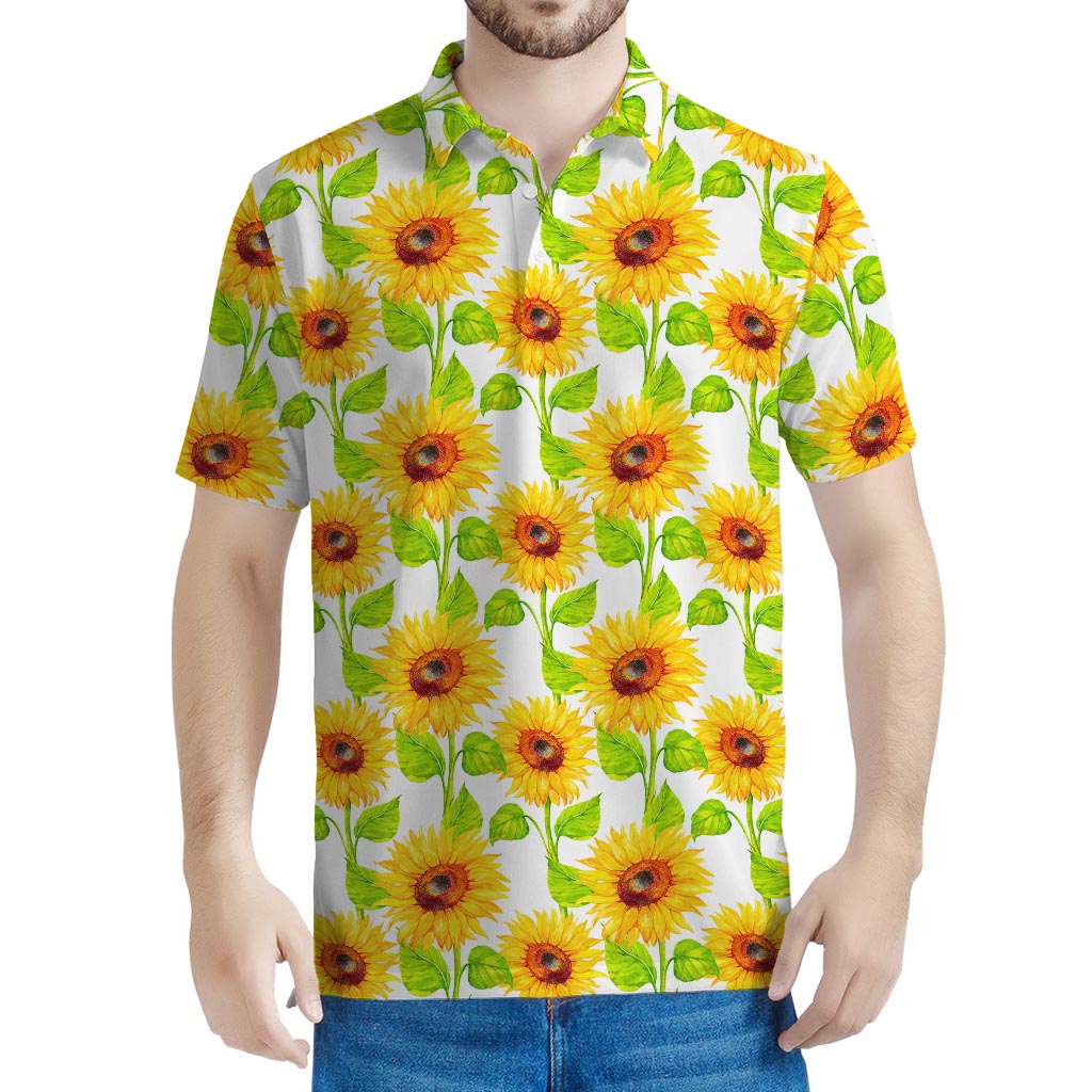 White Watercolor Sunflower Pattern Print Men's Polo Shirt