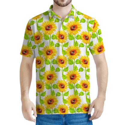 White Watercolor Sunflower Pattern Print Men's Polo Shirt