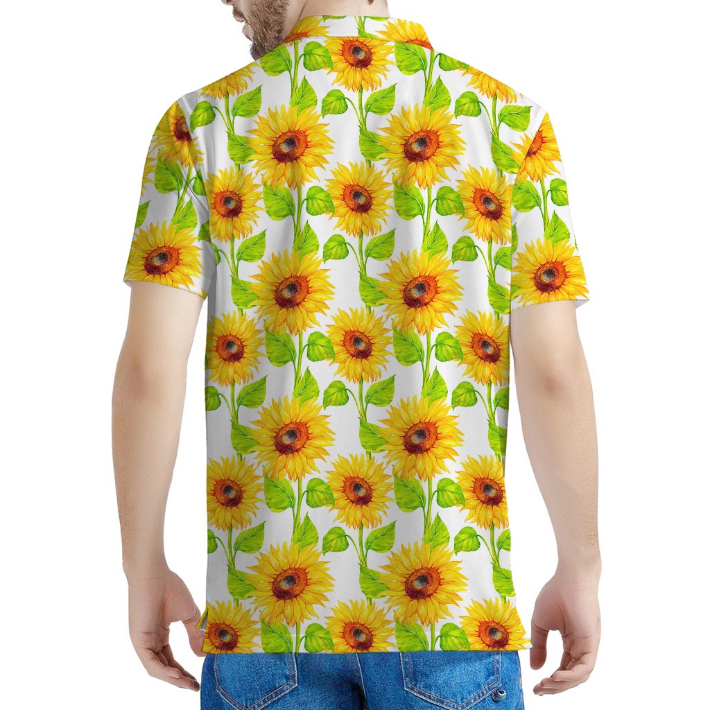 White Watercolor Sunflower Pattern Print Men's Polo Shirt