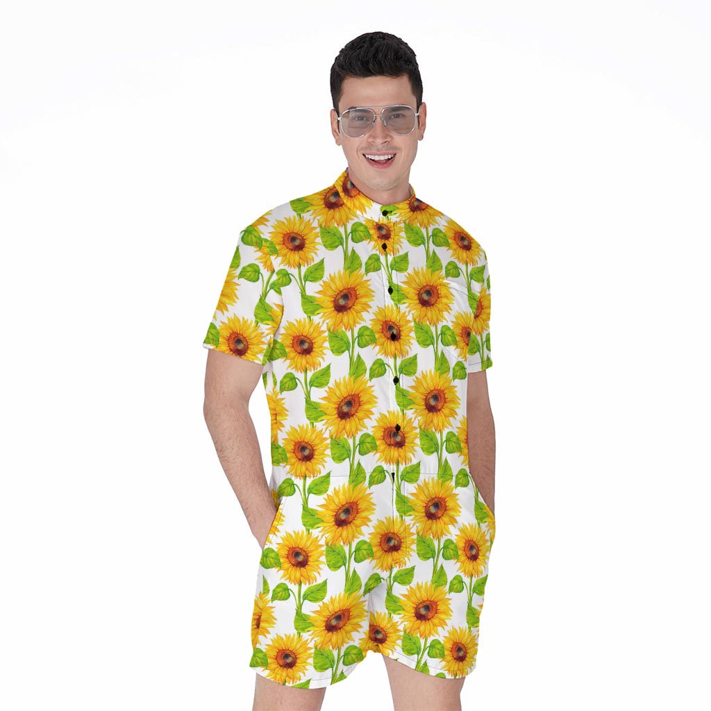 White Watercolor Sunflower Pattern Print Men's Rompers