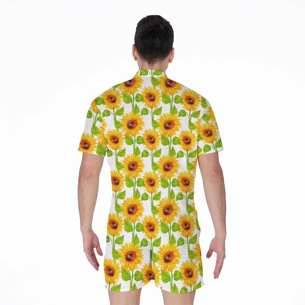 White Watercolor Sunflower Pattern Print Men's Rompers