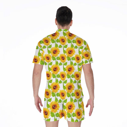 White Watercolor Sunflower Pattern Print Men's Rompers
