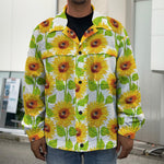 White Watercolor Sunflower Pattern Print Men's Shirt Jacket
