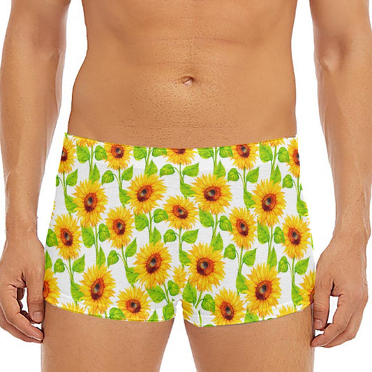 White Watercolor Sunflower Pattern Print Men's Short Boxer Briefs
