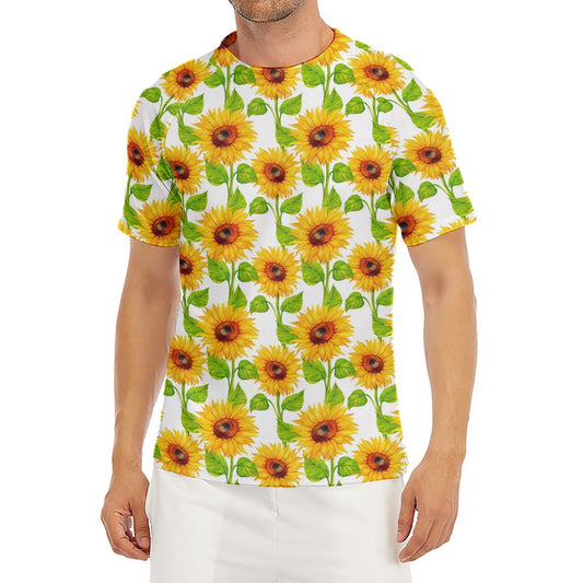White Watercolor Sunflower Pattern Print Men's Short Sleeve Rash Guard