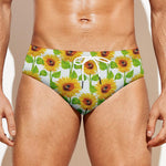 White Watercolor Sunflower Pattern Print Men's Swim Briefs