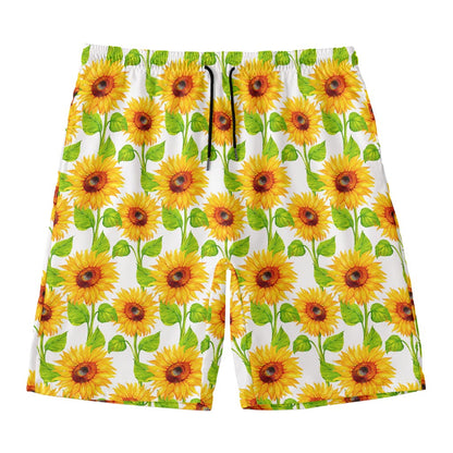 White Watercolor Sunflower Pattern Print Men's Swim Trunks