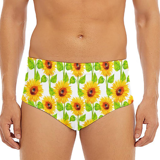 White Watercolor Sunflower Pattern Print Men's Triangle Swim Briefs
