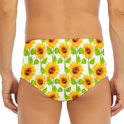 White Watercolor Sunflower Pattern Print Men's Triangle Swim Briefs