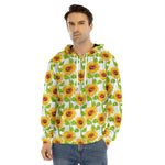 White Watercolor Sunflower Pattern Print Men's Velvet Pullover Hoodie