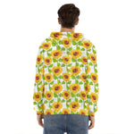 White Watercolor Sunflower Pattern Print Men's Velvet Pullover Hoodie