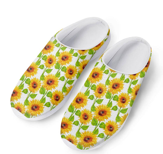 White Watercolor Sunflower Pattern Print Mesh Casual Shoes