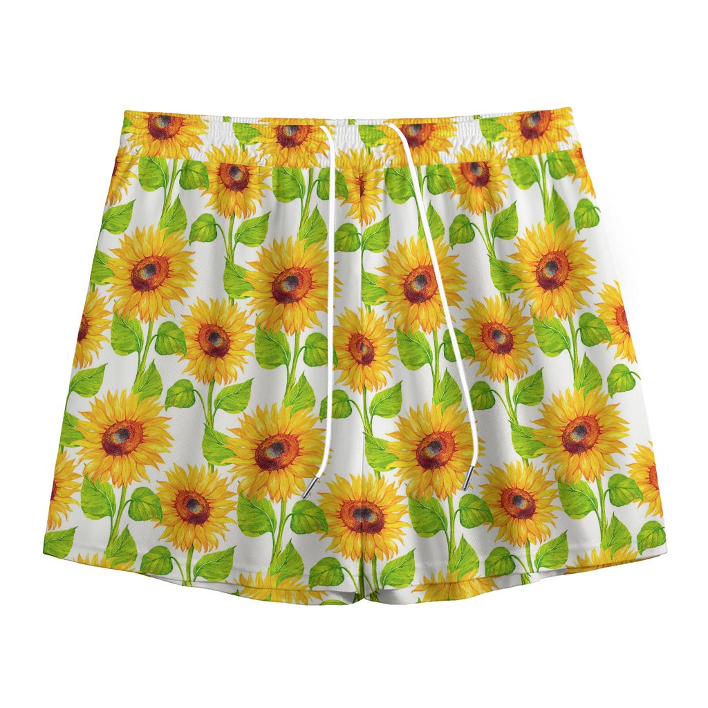 White Watercolor Sunflower Pattern Print Mesh Shorts