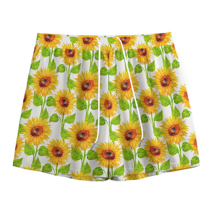 White Watercolor Sunflower Pattern Print Mesh Shorts