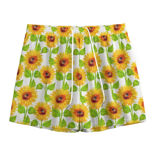 White Watercolor Sunflower Pattern Print Mesh Shorts