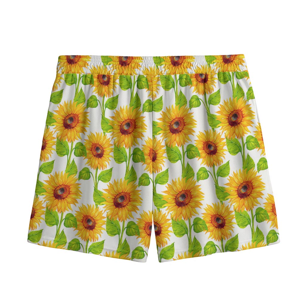 White Watercolor Sunflower Pattern Print Mesh Shorts