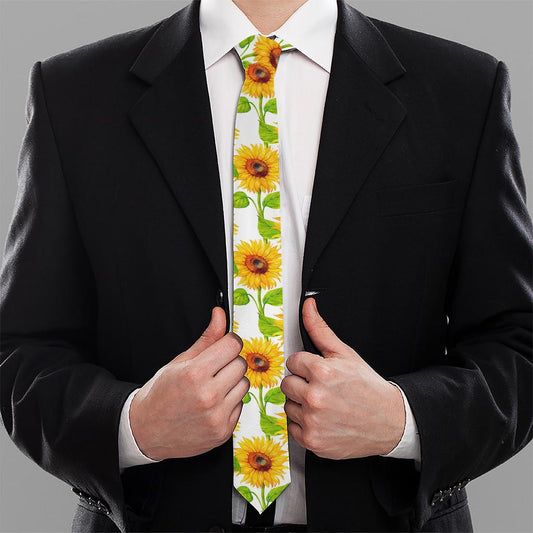 White Watercolor Sunflower Pattern Print Necktie