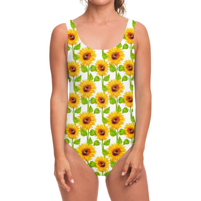 White Watercolor Sunflower Pattern Print One Piece Swimsuit