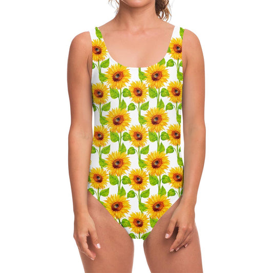 White Watercolor Sunflower Pattern Print One Piece Swimsuit