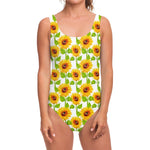White Watercolor Sunflower Pattern Print One Piece Swimsuit