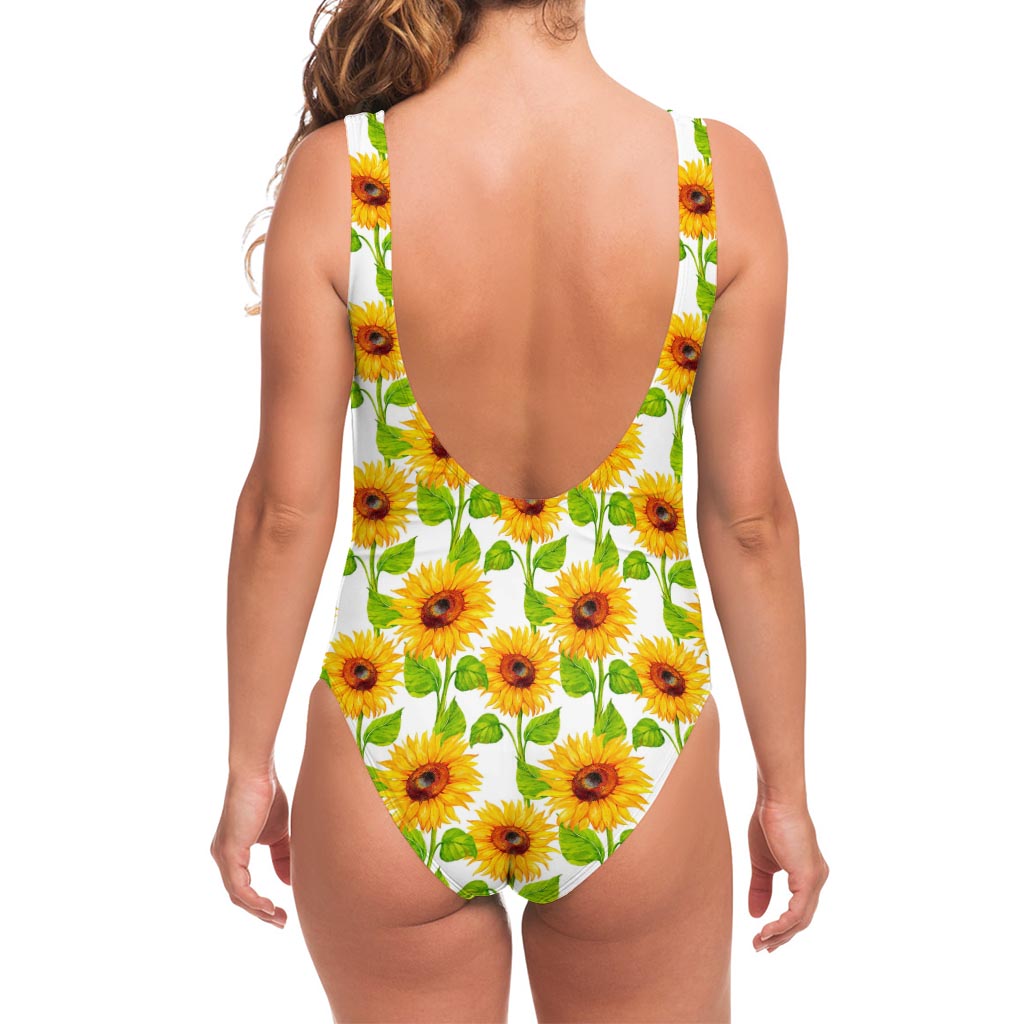 White Watercolor Sunflower Pattern Print One Piece Swimsuit