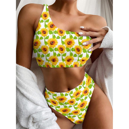 White Watercolor Sunflower Pattern Print One Shoulder Bikini Top