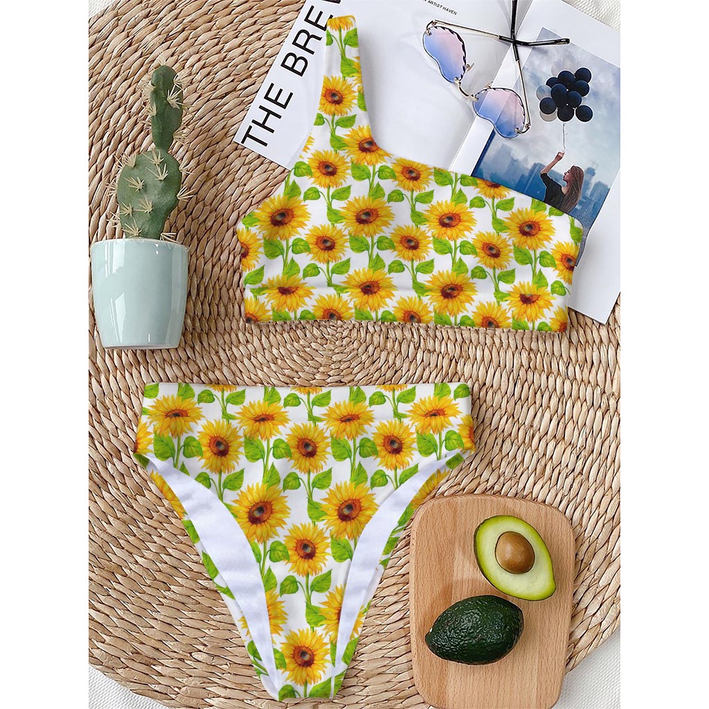 White Watercolor Sunflower Pattern Print One Shoulder Bikini Top