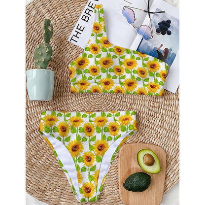 White Watercolor Sunflower Pattern Print One Shoulder Bikini Top