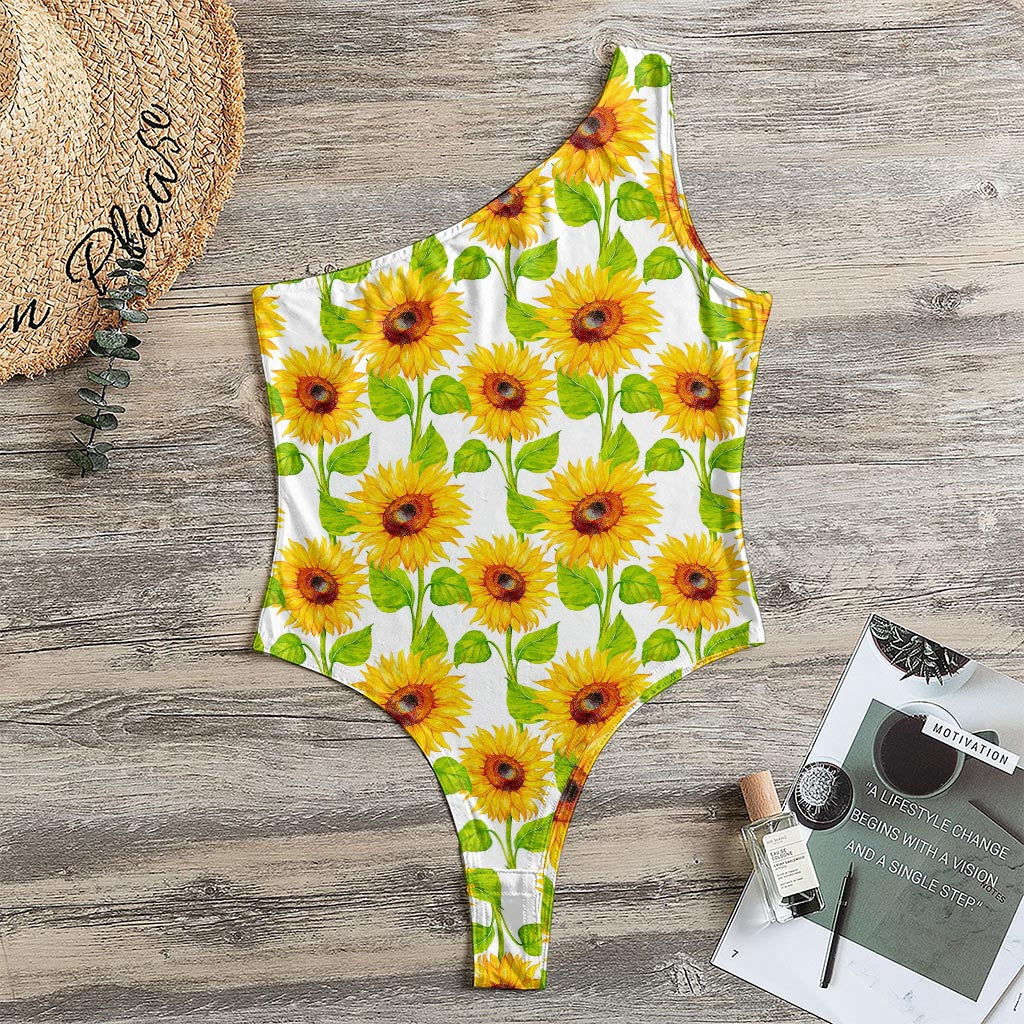 White Watercolor Sunflower Pattern Print One Shoulder Bodysuit