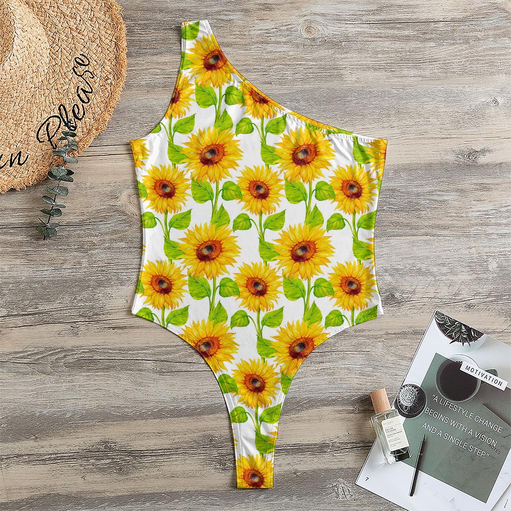 White Watercolor Sunflower Pattern Print One Shoulder Bodysuit