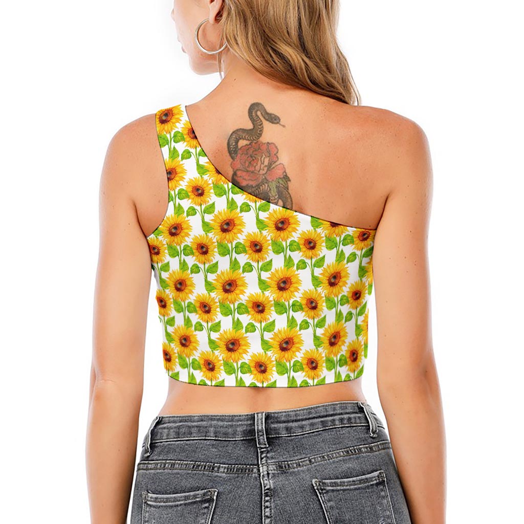 White Watercolor Sunflower Pattern Print One Shoulder Crop Top
