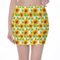 White Watercolor Sunflower Pattern Print Pencil Mini Skirt