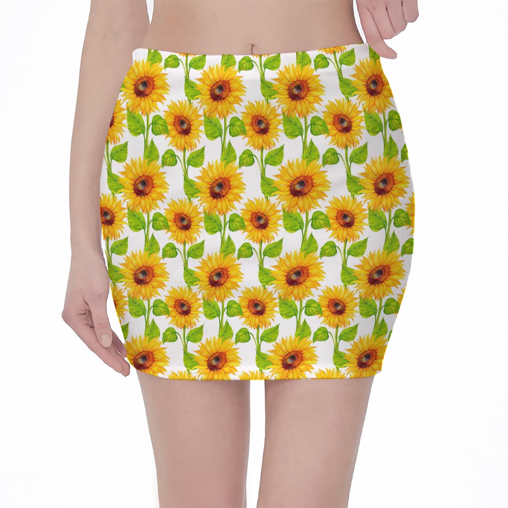 White Watercolor Sunflower Pattern Print Pencil Mini Skirt