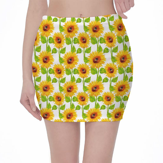 White Watercolor Sunflower Pattern Print Pencil Mini Skirt