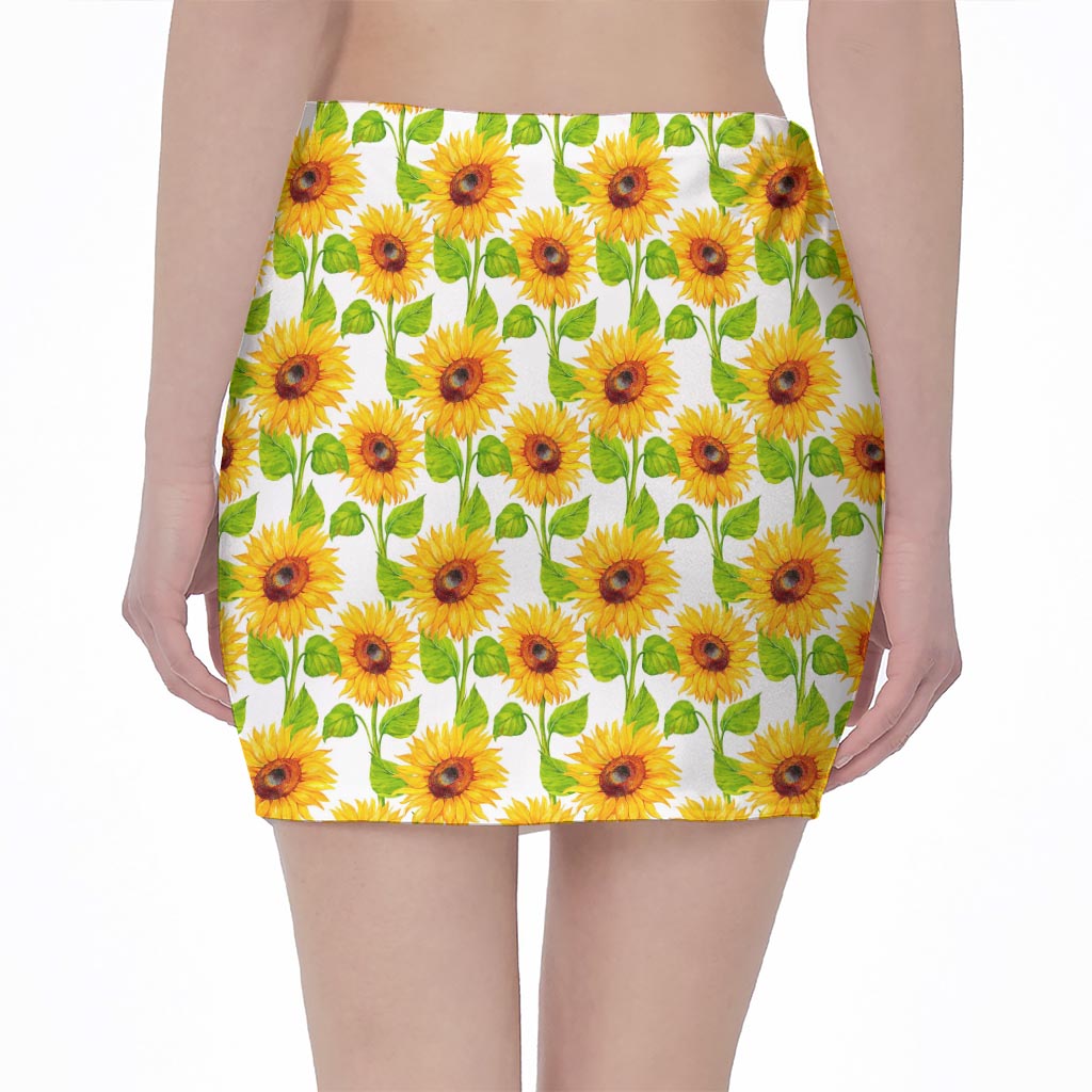 White Watercolor Sunflower Pattern Print Pencil Mini Skirt