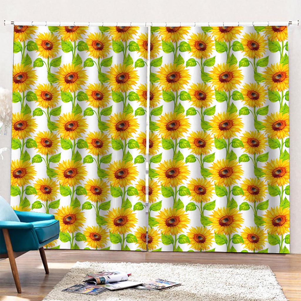 White Watercolor Sunflower Pattern Print Pencil Pleat Curtains