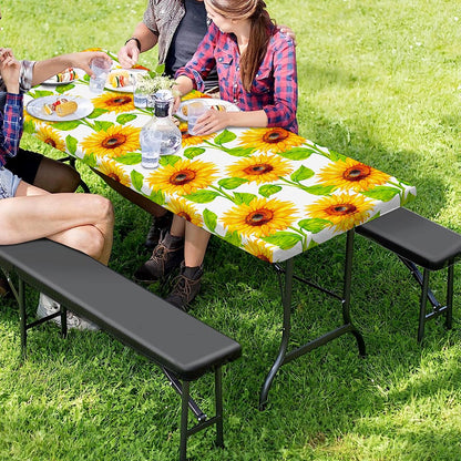 White Watercolor Sunflower Pattern Print Picnic Table Cover