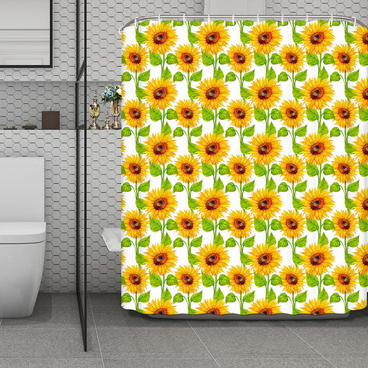 White Watercolor Sunflower Pattern Print Polyester Shower Curtain