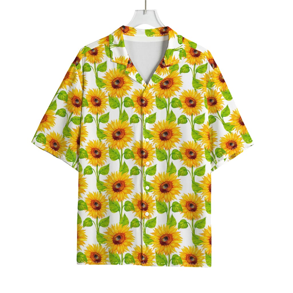 White Watercolor Sunflower Pattern Print Rayon Hawaiian Shirt