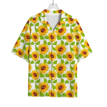 White Watercolor Sunflower Pattern Print Rayon Hawaiian Shirt